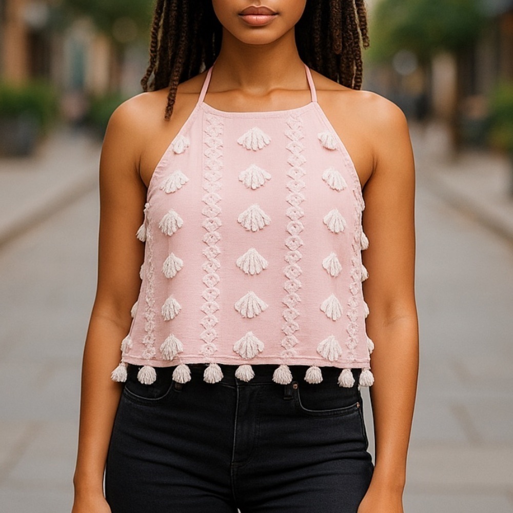 Vestique pink pom pom embellished tank top m